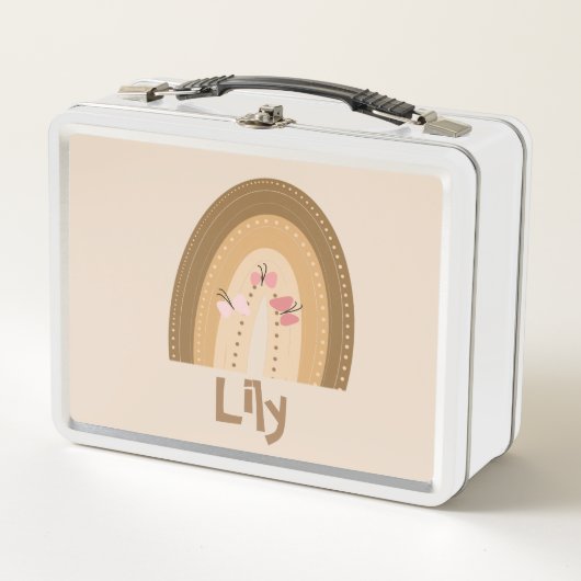 かわいい虹の蝶ピンクブラウンボヘミア メタルランチボックス (正面)