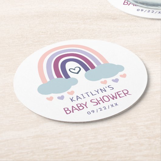 かわいい虹の赤ちゃんシャワー ラウンドペーパーコースター (アングル)