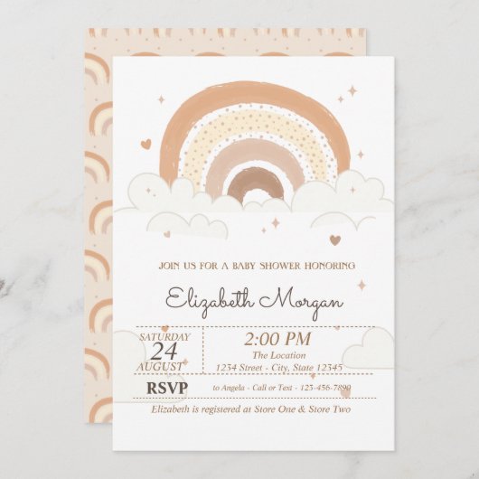 かわいい虹の雲ハート赤ちゃんシャワー 招待状 (正面/裏面)