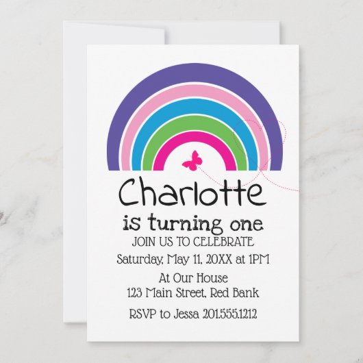 かわいい虹バタフライハートガールの最初の誕生日 招待状 (正面)