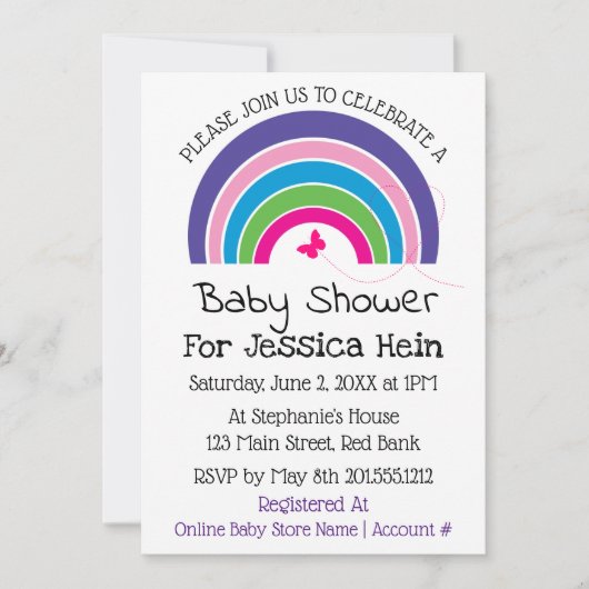 かわいい虹バタフライハート赤ちゃんシャワー 招待状 (正面)