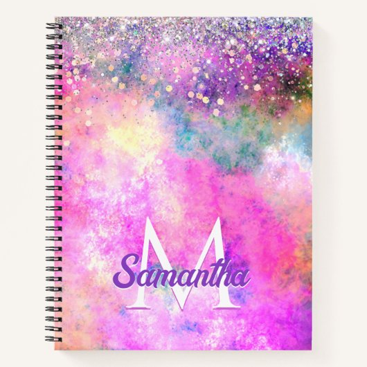 かわいい虹彩銀色の偽のグリッターのモノグラム ノートブック (正面)