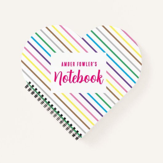 かわいい虹色のストライプの白いハート型 ノートブック (正面)