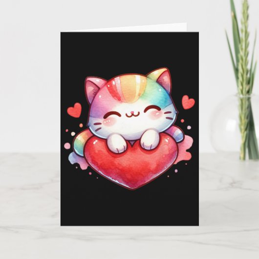 かわいい虹色のハートを抱くキュートな猫キティラブC カード (正面)