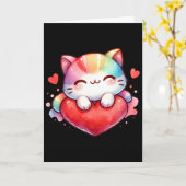 かわいい虹色のハートを抱くキュートな猫キティラブC カード (黄色い花)
