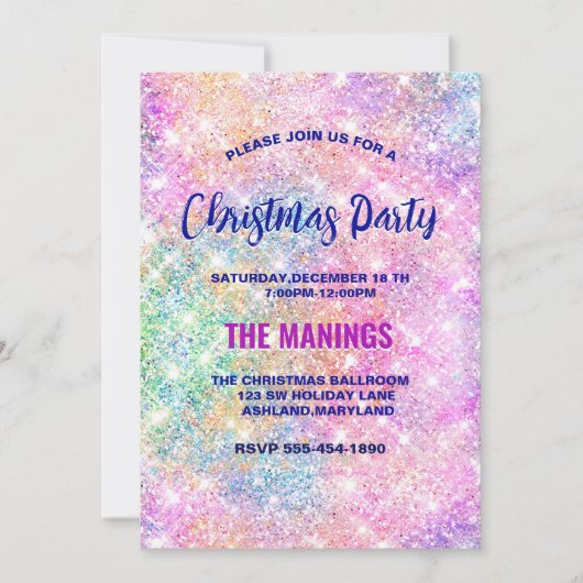 かわいい虹色のピンクのフェイクグリッタークリスマス 招待状 (正面)