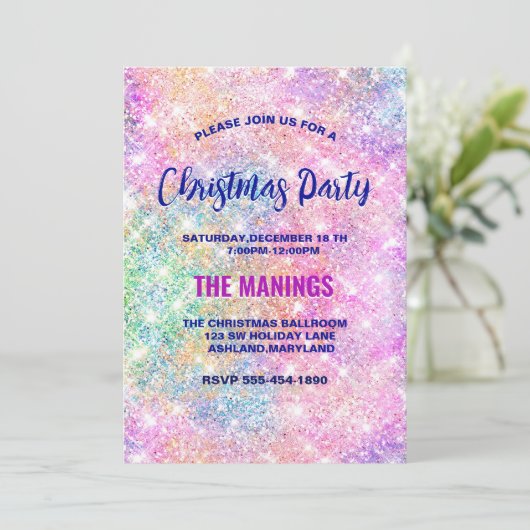かわいい虹色のピンクのフェイクグリッタークリスマス 招待状 (スタンド正面)