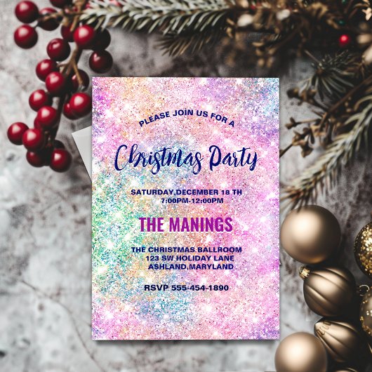 かわいい虹色のピンクのフェイクグリッタークリスマス 招待状