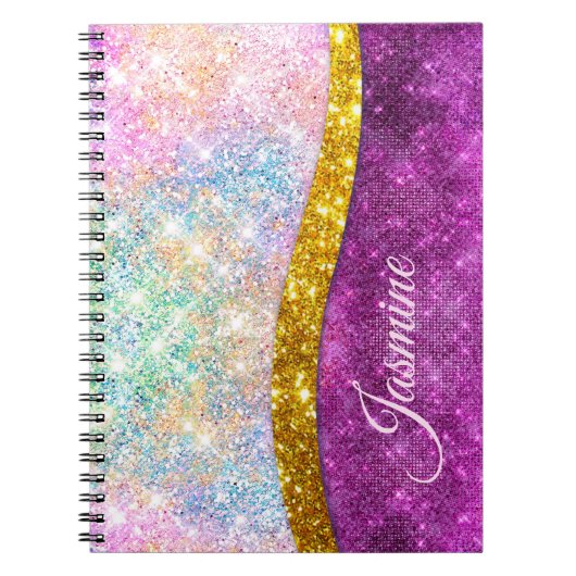 かわいい虹色のフクシアゴールドの偽のグリッターのモノグラム ノートブック (正面)