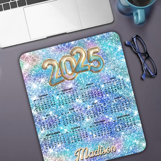 かわいい虹色のユニコーン青い輝き2025カレンダー マウスパッド