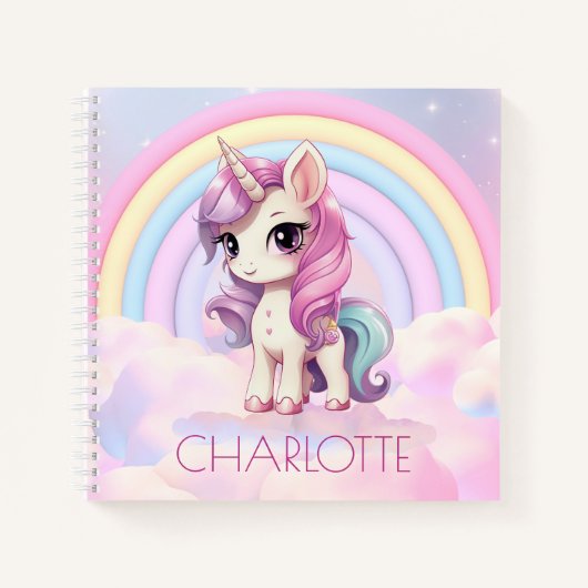 かわいい虹色のユニコーン オーダーメイドの学校生活が始まる ノートブック (正面)