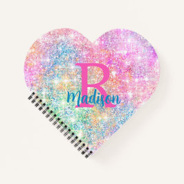 かわいい虹色のユニコーン ピンクの偽のグリッター モノグラム ノートブック