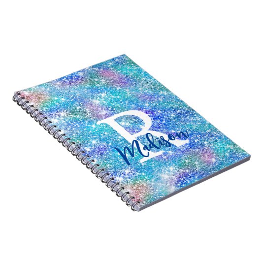 かわいい虹色のユニコーン 青 ピンク グリッター モノグラム ノートブック (右側)