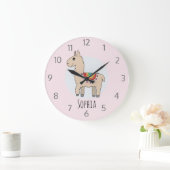 かわいい虹色のラマの女の子向けイラストと名前 キッズ ラージ壁時計 (ホーム)