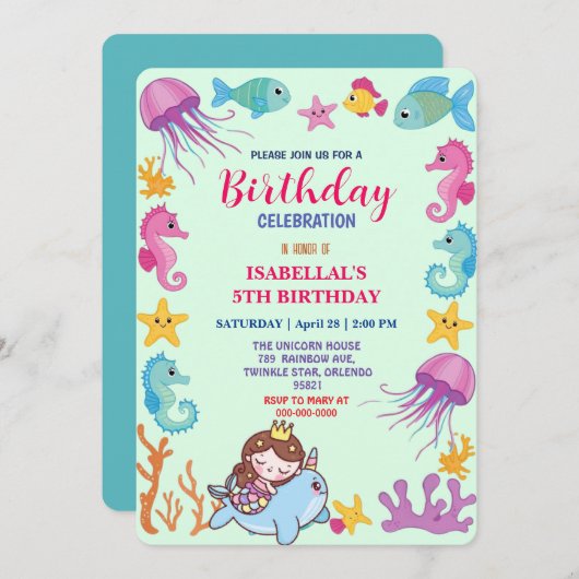 かわいい虹色の人魚 ナルワール 魚 ユニコーンの誕生日 セーブザデート (正面/裏面)