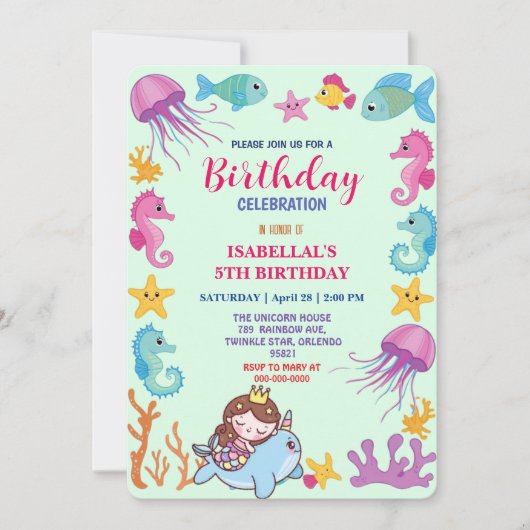 かわいい虹色の人魚 ナルワール 魚 ユニコーンの誕生日 セーブザデート (正面)