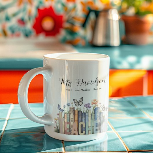 かわいい虹色の本棚と本の先生のモノグラム コーヒーマグカップ