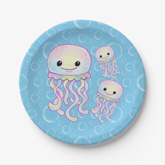 かわいい虹色の水彩クラゲ ペーパープレート (正面)