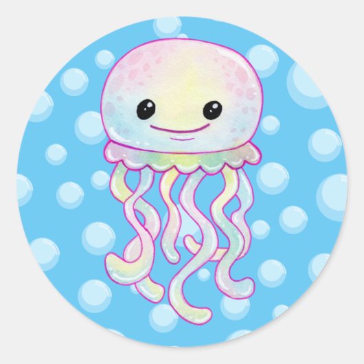 かわいい虹色の水彩クラゲ ラウンドシール (正面)