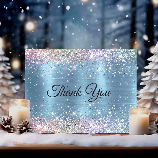 かわいい虹色の氷青の偽のグリッターのモノグラム サンキューカード