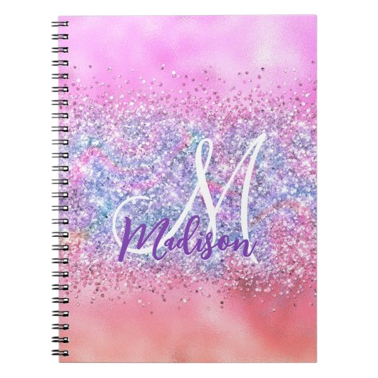 かわいい虹色ユニコーングラデーショングリッターモノグラム ノートブック (正面)