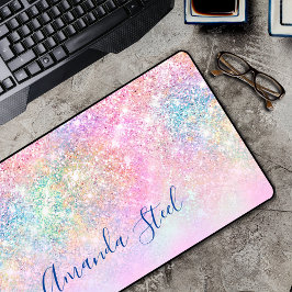 かわいい虹色ユニコーングラデーショングリッター デスクマット