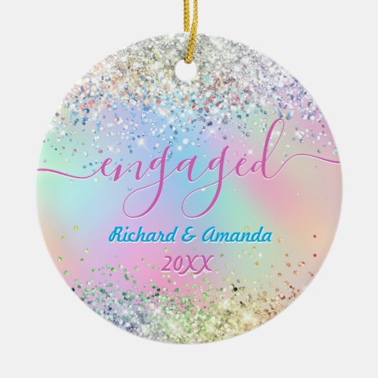 かわいい虹色ユニコーングリッター婚約したクリスマス セラミックオーナメント (正面)