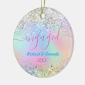 かわいい虹色ユニコーングリッター婚約したクリスマス セラミックオーナメント (左)