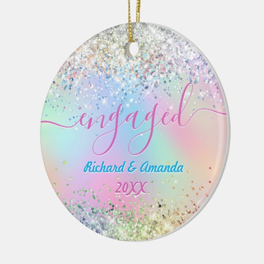 かわいい虹色ユニコーングリッター婚約したクリスマス セラミックオーナメント (左)