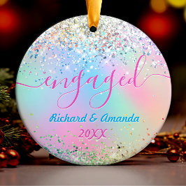 かわいい虹色ユニコーングリッター婚約したクリスマス セラミックオーナメント