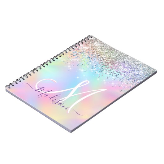 かわいい虹色ユニコーンフェイクグリッターモノグラム ノートブック (左側)