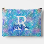 かわいい虹色ユニコーン青ピンクグリッターモノグラム アクセサリーポーチ (正面)