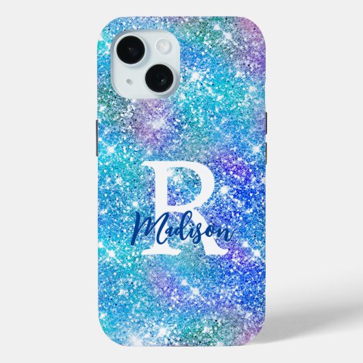 かわいい虹色ユニコーン青ピンクグリッターモノグラム Case-Mate iPhoneケース (裏面)