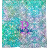 かわいい虹色ユニコーン青フェイクグリッターモノグラム シャワーカーテン (正面)