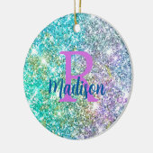 かわいい虹色ユニコーン青フェイクグリッターモノグラム セラミックオーナメント (左)