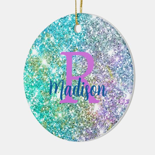 かわいい虹色ユニコーン青フェイクグリッターモノグラム セラミックオーナメント (左)