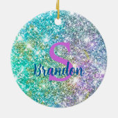 かわいい虹色ユニコーン青フェイクグリッターモノグラム セラミックオーナメント (裏面)