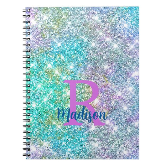 かわいい虹色ユニコーン青フェイクグリッターモノグラム ノートブック (正面)