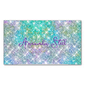 かわいい虹色ユニコーン青フェイクグリッターモノグラム マグネット名刺 (正面)