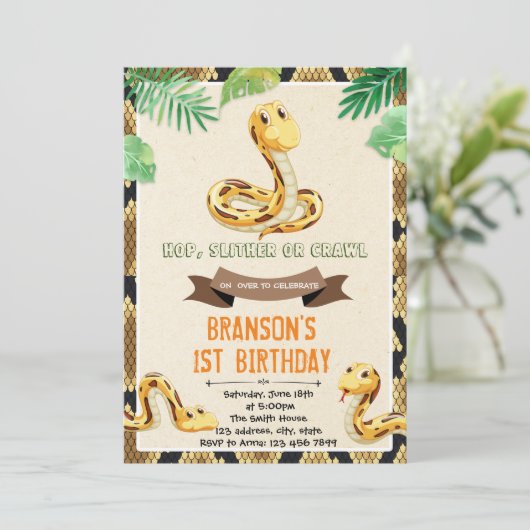 かわいい蛇の爬虫類誕生日パーティーの招待 招待状 (スタンド正面)