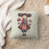 かわいい蛙の人形を持つ女の子 ユーモラス クッション (ブランケット)