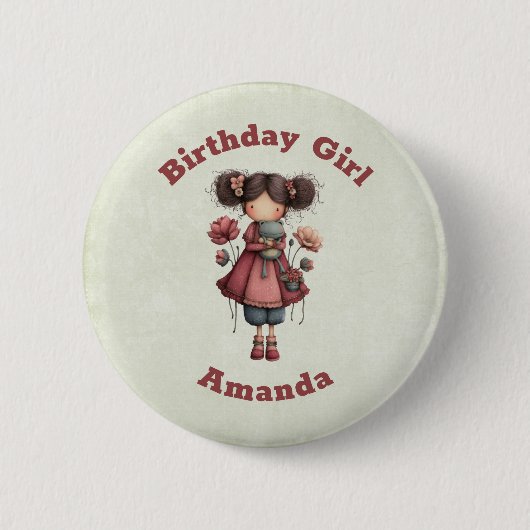 かわいい蛙の人形を持つ誕生日の女の子 ユニークでキュートなデザイン 缶バッジ (正面)