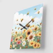 かわいい蜂と花のイラスト スクエア壁時計 (傾斜)