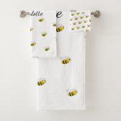 かわいい蜂の白モノグラム名のスクリプト バスタオルセット (インサイチュ)