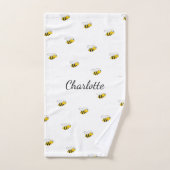 かわいい蜂の白モノグラム名のスクリプト バスタオルセット (ハンドタオル)