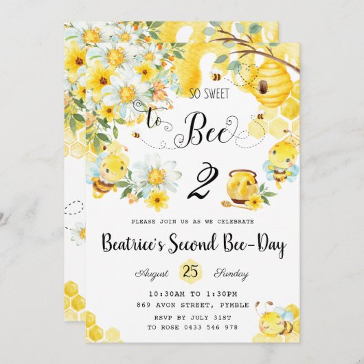 かわいい蜂は何歳でも甘い誕生日フローラ  招待状 (正面/裏面)