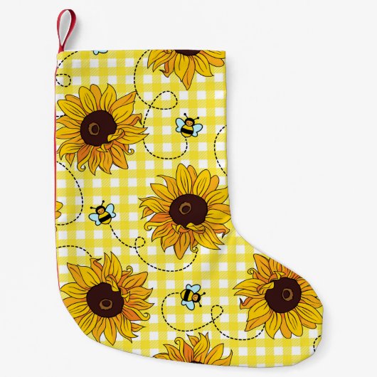 かわいい蜂やひまわり市松模様に花を背景 スモールクリスマスストッキング (正面)