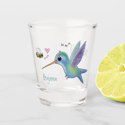 かわいい蜂ハミングバード漫画イラストレーション ショットグラス (正面)