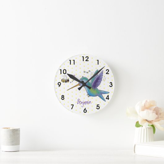 かわいい蜂ハミングバード漫画イラストレーション ラウンド壁時計 (ホーム)