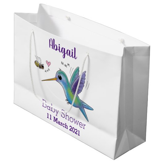 かわいい蜂ハミングバード漫画イラストレーション ラージペーパーバッグ (正面アングル)